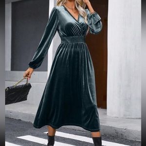 SHEIN velvet lantern sleeve dress. Size L 8/10. “Dusty blue”